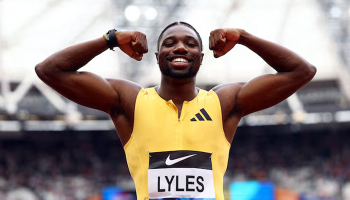 Noah Lyles of the US celebrates winning the mens 100m Action Images on July 20, 2024. — Reuters