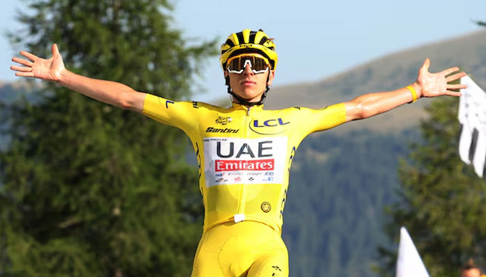 UAE Team Emirates Tadej Pogacar celebrates after a stage during Tour De France on July 20, 2024. — Reuters