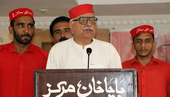 Awami National Party (ANP) provincial President Mian Iftikhar Hussain addresses an event at Bacha Khan Markaz on June 10, 2024. — Facebook/Awami National Party