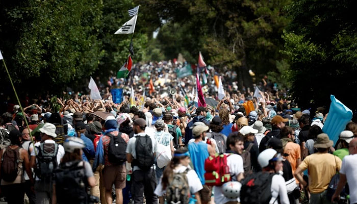 Protesters attend a demonstration to block the agro-industrial terminal of the Port de la Pallice, as part of the Stop Mega-Bassines protest against agro-industry water mega-basins, in La Rochelle, France. — Reuters/File