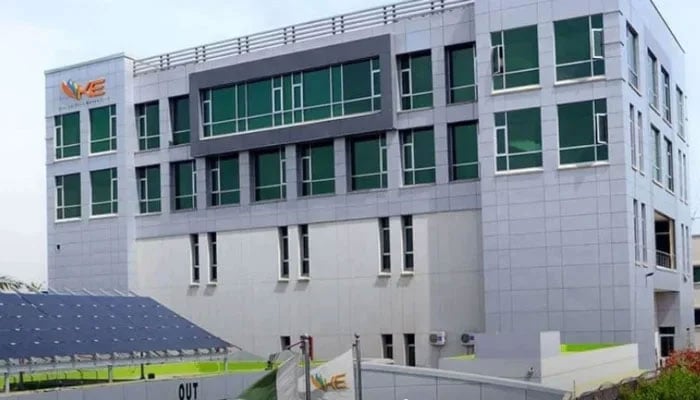 A view of the K-Electric head office, with solar panels at the parking area, in Karachi. — KE website/file