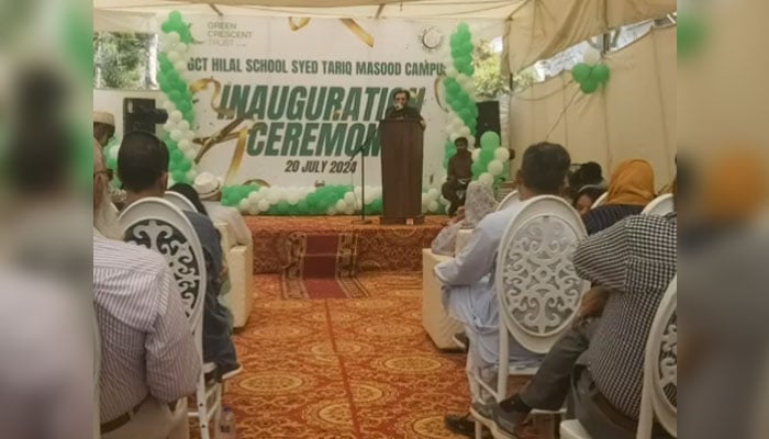 Participant speaks during an inauguration ceremony of the Syed Tariq Masood campus of the non-profit Green Crescent Trust (GCT) opened in the Korangi area of Karachi on July 20, 2024. — Screengrab via Facebook/Green Crescent Trust