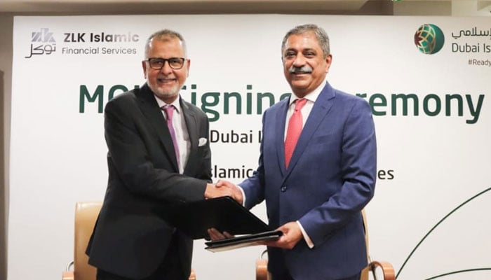 CEO of Dubai Islamic Bank Pakistan Limited (DIBPL) Junaid Ahmed (left) and  Chairperson of ZLK Islamic Financial Services Zahid Latif Khan (right) seen in this image on July 22, 2024 — Facebook @ZLK.Islamic