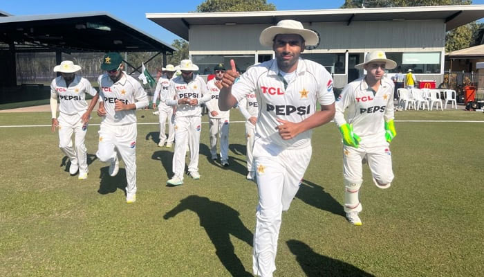 Mohammad Ali of Pakistan Shaheens gives a thumbs up as the team enters the ground during their four-day match against Bangladesh A. — PCB/File