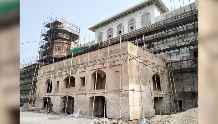 A view of the under-construction  Arzgah, in the Lahore Fort image released on July 22, 2024. — Facebook/Walled City Lahore Authority