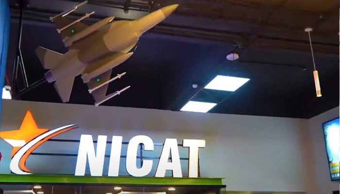 A representational image of a mock up of a fighter plane above a NICAT sign. — Screengrab via YouTube/@nicatpakistan/File