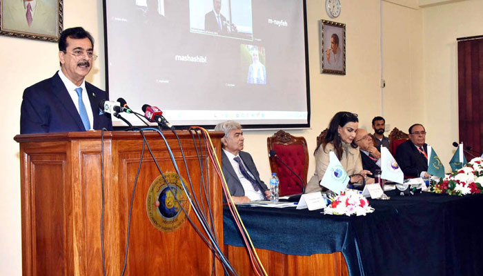 Chairman Senate Syed Yousuf Raza Gilani addresses as chief guest at the 25th conference of the Islamic World Academy of Sciences (IAS) in the Federal Capital on July 22, 2024. — APP