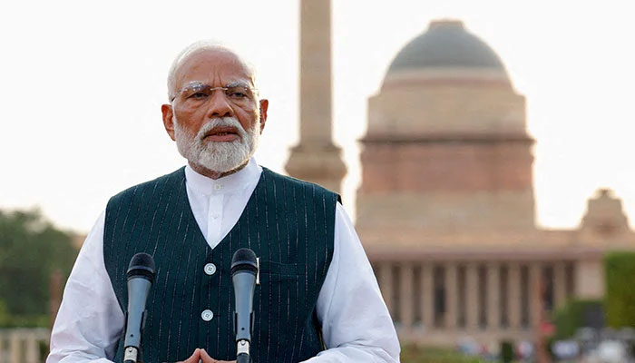 Indian Prime Minister Narendra Modi addresses the media after his meeting with President Droupadi Murmu, to stake claim to form the new government at the Presidential Palace in New Delhi, India, June 7, 2024. — Reuters