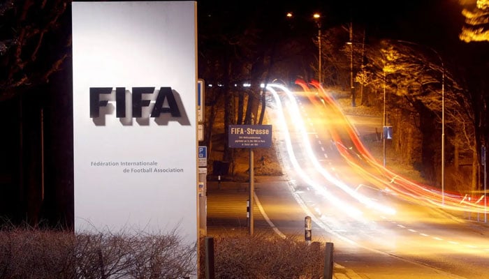 Fifa logo seen on a board alongside a road in this undated image. — Reuters/file