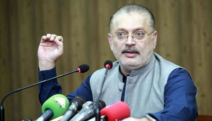 Sindh’s Senior Minister and Minister for Information, Excise, Taxation, and Narcotics Control Sharjeel Inam Memon addresses to media persons during a press conference, at Bilawal House in Karachi on February 16, 2024. — PPI