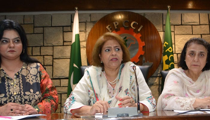 Founder president of the IWCCI Samina Fazil speaks at a meeting to discuss the issue of IPPs on July 23, 2024. — Facebook/Islamabad Women Chamber of Commerce & Industry