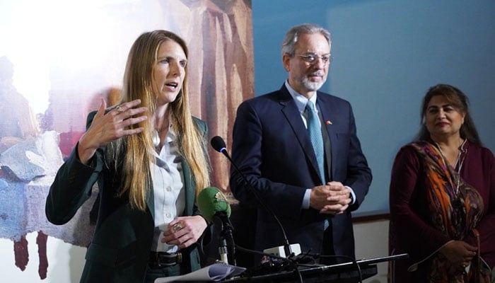 British High Commissioner to Pakistan Jane Marriott speaks at an Art exhibition “SPERO—an exhibition and fundraiser for the Al Wadood Hospital, dedicated to child and mother care, at the National Art Gallery on July 22, 2024. — Facebook/PNCA - Pakistan National Council of the Arts