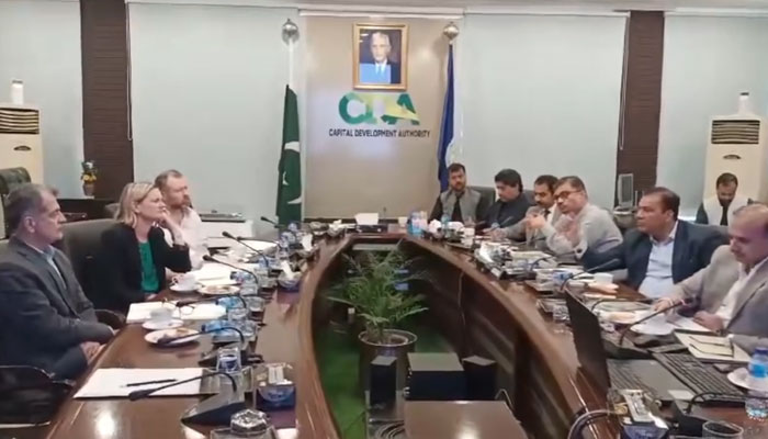 A delegation led by Ms Jo Moir, Development Director from FCDO meeting with CDA Chairman, Muhammad Ali Randhawa at the CDA office on July 23, 2024. — Screengrab via Facebook/Capital Development Authority - CDA, Islamabad