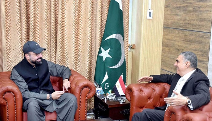 Ambassador of Egypt to Pakistan, Dr Ihab Mohamed Abdelhamid Hassan (right) exchanges views with Federal Minister for Religious Affairs and Interfaith Harmony, Chaudhry Salik Hussain on July 23, 2024. — APP