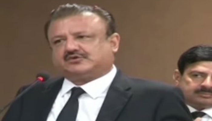 IHCs Justice Tariq Mehmood Jahangiri addresses a convention of the Islamabad High Court Bar Association in the federal capital on July 23, 2024. — Screengrab  via Geo News