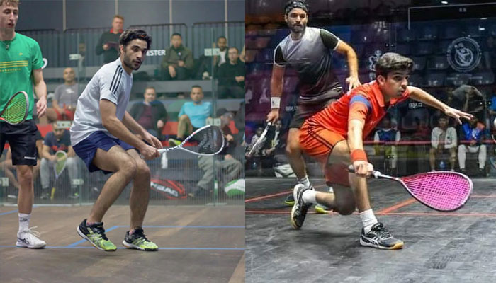 Pakistans Khaqan Malik (left) and Mutahir Ali Shah (right) seen in action in Round 1 matches at the Eastside Open Squash 2024 in Hobart, Australia. — X@FaizanLakhani/file