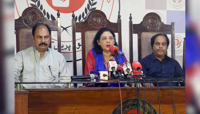 President Punjab Professors And Lecturers Association Professor Faiza Raana addresses a press conference at the press club in Lahore on July 24, 2024. — Online