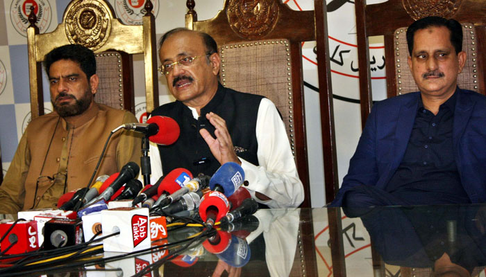 Opposition Leader in Punjab Assembly, Malik Ahmed Khan Bhachar along with others addresses to media persons during a press conference at Lahore Press Club on July 24, 2024. — PPI