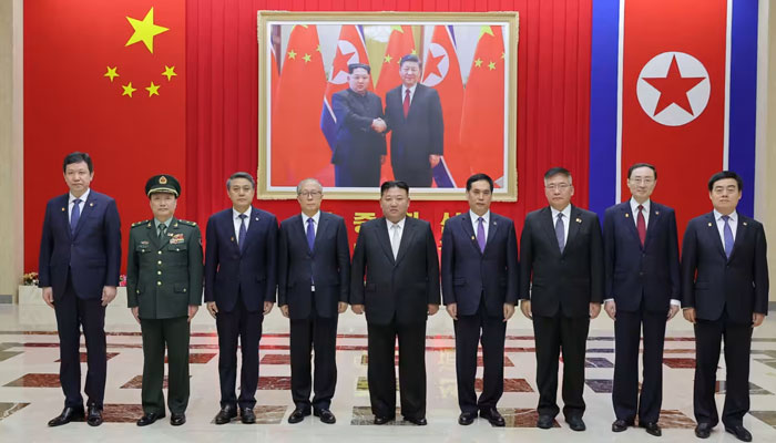 North Korean leader Kim Jong Un (centre) and Chinese Communist Party Politburo member Li Hongzhong (centre to left side 1st) pose as they meet in Pyongyang, North Korea, July 28, 2023. — Reuters