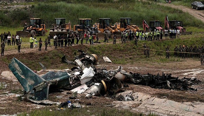 A view shows wreckage of a Saurya Airlines plane that caught fire after skidding off the runway while taking off at Tribhuvan International Airport, in Kathmandu, Nepal, July 24, 2024. — Reuters