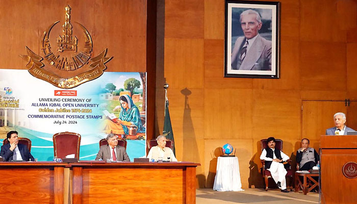 Federal Minister for Industries and Production, Rana Tanveer Hussain addresses an unveiling ceremony of Allama Iqbal Open University Golden Jubilee commemorative postage stamps on July 24, 2024. — INP