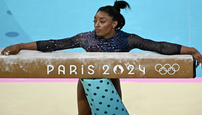 Four-time Olympic gold medallist Simone Biles trains at Bercy Arena. — AFP/File