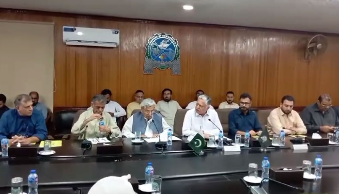 Pakistan Tea Association Khyber Pakhtunkhwa meeting is underway regarding the upcoming elections of Sarhad Chamber of Commerce and Industry on July 25, 2024 in this still taken from a video. — Facebook/Sarhad Chamber of Commerce & Industry