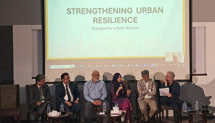 Participant speaks in the ‘Safe Karachi Conference: Strengthening Urban Resilience’ organised by K-Electric in collaboration with the Institute of Business Administration (IBA) at the IBA City Campus on July 25, 2024. — Facebook/Olm Sis