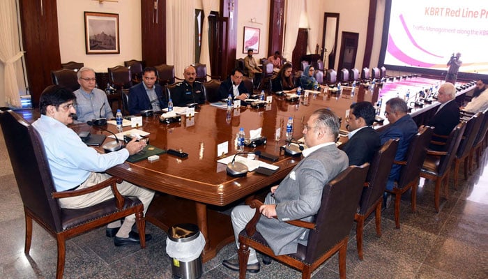 Sindh Chief Minister, Syed Murad Ali Shah presides over a meeting to review progress on the BRT Red Line Project at CM House in Karachi on July 25, 2024. — PPI