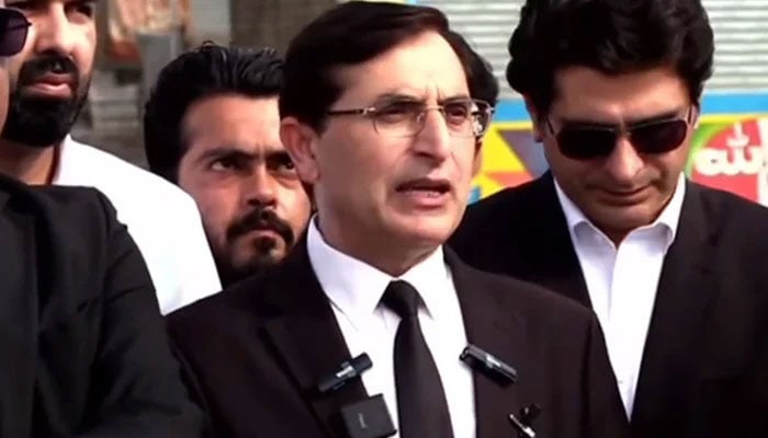 PTI Chairman Barrister Gohar Ali Khan addresses the press conference outside Adiala Jail, Rawalpindi on April 23, 2024, in this still taken from a video. — Geo News