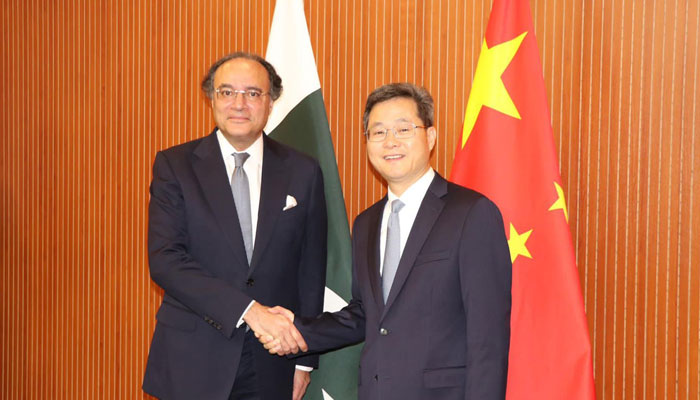 Finance Minister Muhammad Auranzeb is shaking hands with Chinese Minister for Finance Lan Fo’an in Beijing on July 25, 2024. — PID