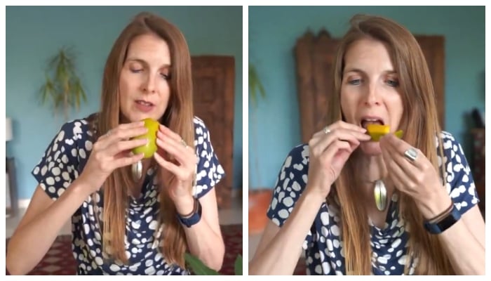 British High Commissioner to Pakistan Jane Marriott eats mangoes in these stills taken from a video. — X/@JaneMarriottUK