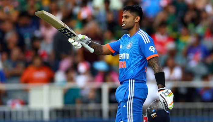 Indias Suryakumar Yadav celebrates after reaching his century on December 14, 2023 — Reuters