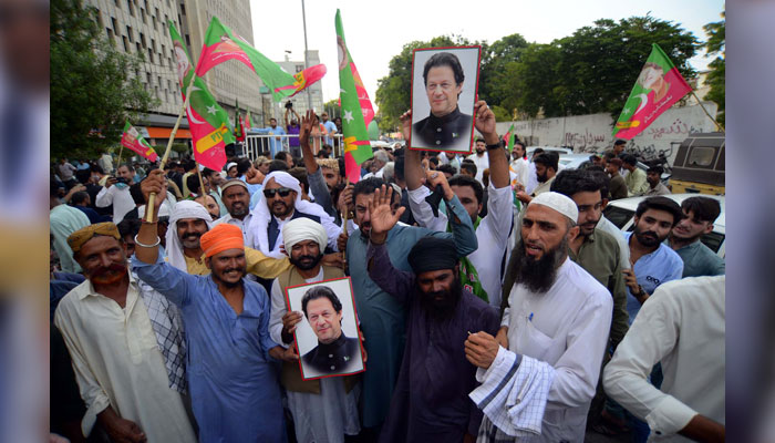 Activists of Tehreek-e-Insaf (PTI) hold a protest for the release of PTI Founder Imran Khan, at the Karachi Press Club on July 26, 2024. — PPI