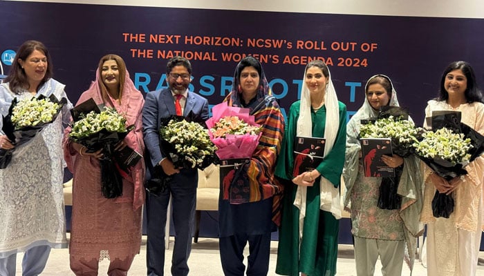 PWPA Chairperson Hina Parvez Butt (right to 3rd) pose for a group photo at a seminar organised by the National Commission of Women at a local hotel on July 26, 2024. — Facebook/Hina Parvez Butt