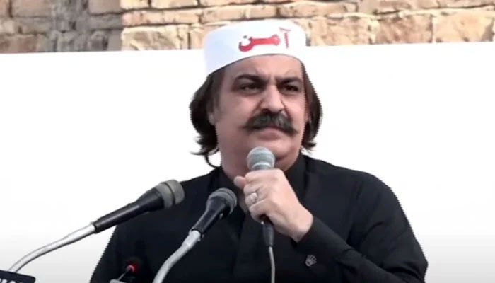 Khyber Pakhtunkhwa Chief Minister Ali Amin Gandapur addressing a gathering of the Aman Jirga in Bannu on July 26, 2024. — YouTube/Geo News/Screengrab