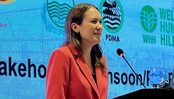 US Consul General Kristin K Hawkins speaks at a Provincial Disaster Management Authority, Government of Punjab conference in Lahore in this image released on July 24, 2024. — Facebook/US Consulate General Lahore