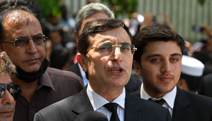 PTI Chairman Barrister Gohar Khan talks to the media as he arrives to attend a hearing at the Islamabad High Court on August 29, 2023. — AFP