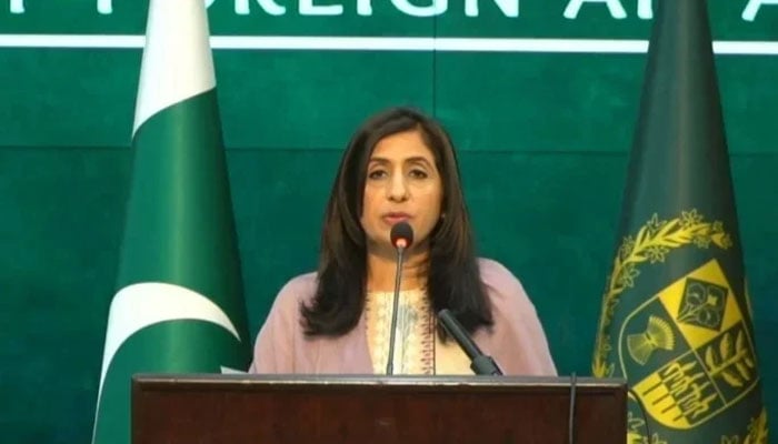 Foreign Office Spokesperson Mumtaz Zahra Baloch is addressing her weekly press briefing in Islamabad on April 26, 2024. — Screengrab/ X/@ForeignOfficePk