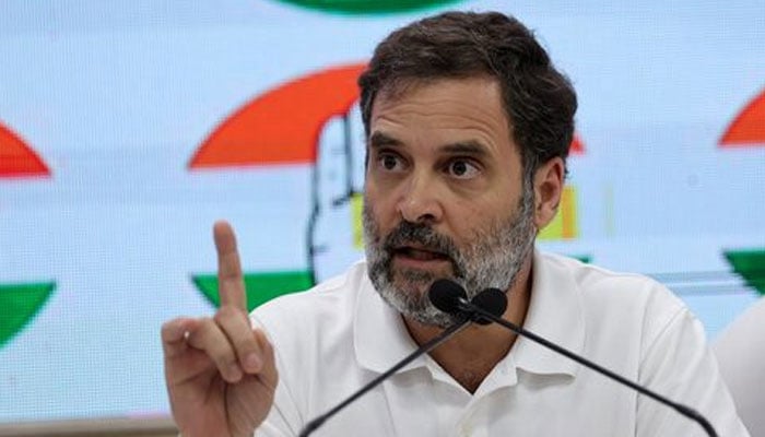 Indias Lok Sabha Opposition Leader Rahul Gandhi gestures as he addresses the media at Congress headquarters in New Delhi, India, October 9, 2023. —Reuters