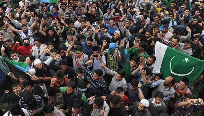 People attend a protest in Indian Illegally Occupied Jammu and Kashmir (IIOJK) in this undated image. — State media/File