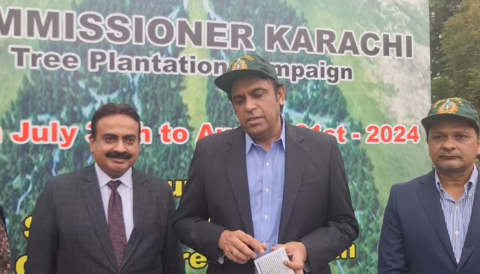 Chief Secretary Sindh Syed Asif Hyder Shah speaks at a Commissioner Karachi Monsoon Tree Plantation Campaign on July 31, 2024. — Facebook/Sindh Government