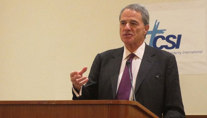 In this file photograph, taken and released by Christian Solidarity International on October 22, 2015, British-American journalist Charles Glass speaks during an event in Boston. — CSI/File