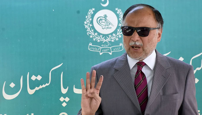 Federal minister Ahsan Iqbal addressing a press conference outside Election Commission Pakistan (ECP) in Islamabad, on March 5, 2023. — Online