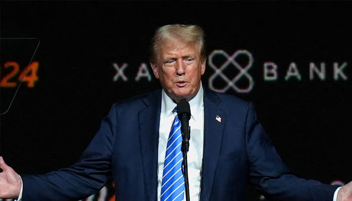 Republican presidential nominee and former U.S. President Donald Trump gestures at the Bitcoin 2024 event in Nashville, Tennessee, US, July 27, 2024. — Reuters