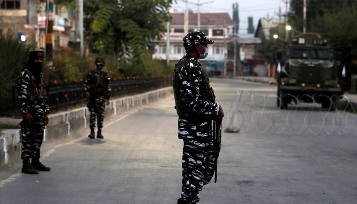 Indian security force personnel stand guard near the residence of Syed Ali Shah Geelani, a veteran politician from Kashmir, after his death in Srinagar, Indian Illegally Occupied Jammu and Kashmir (IIOJK) on September 2, 2021. — Reuters