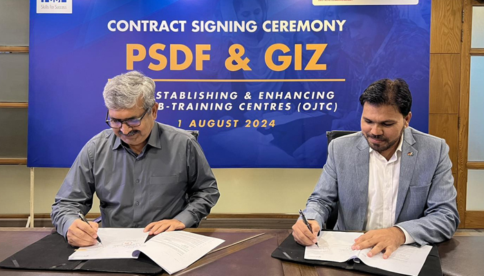 Registrar Punjab Information Commission Qadir Ahmad (left) and Head of Project at GIZ M Ubaid (right) seen in this image on August 2, 2024. — Facebook @PSDFPakistan