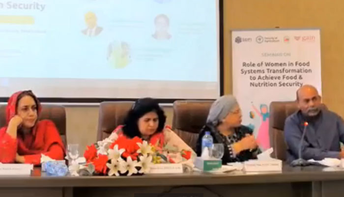 A speaker addresses the seminar on “Role of Women in Food Systems Transformation to Achieve Food and Nutrition Security” at the PMAS Arid Agriculture University on August 2, 2024, in this still taken from a video. —Facebook/ Sustainable Development Policy Institute