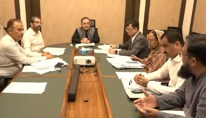 Minister for Information, Transport, Excise, and Taxation, Sharjeel Inam Memon (centre), Secretary Excise and Taxation Muhammad Saleem Rajput (right to 4th) and other officials are seen in this image on August 2, 2024. — screengrab via Facebook @Excise, Taxation & Narcotics Control Office Khairpur Mirs