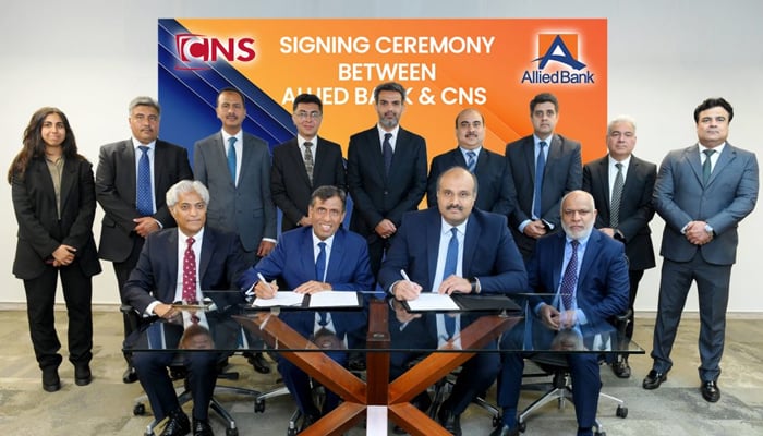 Chief Technology & Digital Transformation Mr. Mujahid Ali (left), Mr. Najam Mian, CEO of CNS Engineering (left to 2nd) and other officials are seen in this image. — ABL website/file